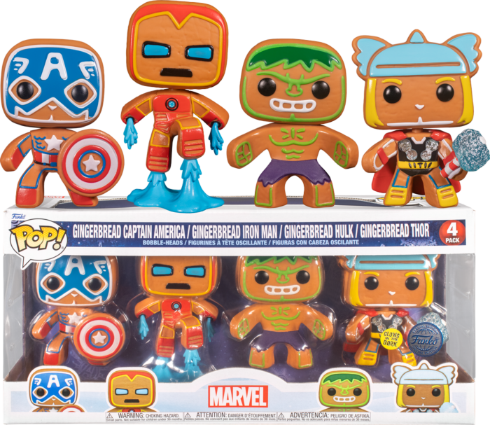 Funko Pop! Marvel: Holiday - Gingerbread Captain America, Iron Man, Thor & Hulk Glow in the Dark - 4-Pack - Real Pop Mania