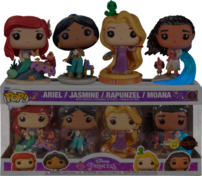 Funko Pop! Disney Princess - Ariel, Jasmine, Rapunzel & Moana Glow in the Dark - 4-Pack - Real Pop Mania