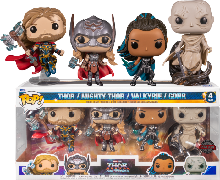 Funko Pop! Thor 4: Love and Thunder - Thor, Mighty Thor, Gorr & Valkyrie - 4-Pack - Real Pop Mania