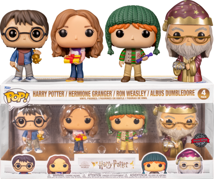 Funko Pop! Harry Potter - Holiday Harry, Hermione, Ron & Dumbledore Metallic - 4-Pack - Real Pop Mania