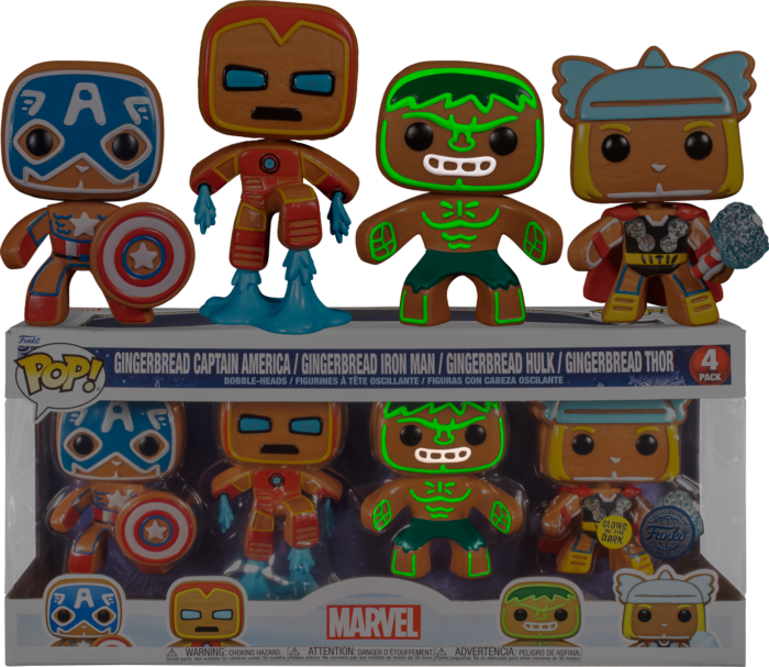Funko Pop! Marvel: Holiday - Gingerbread Captain America, Iron Man, Thor & Hulk Glow in the Dark - 4-Pack - Real Pop Mania